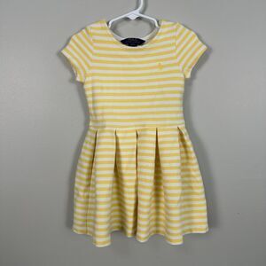 Polo Ralph Lauren Girls 4T Short Sleeve Fit Flare Dress Yellow White Stripe